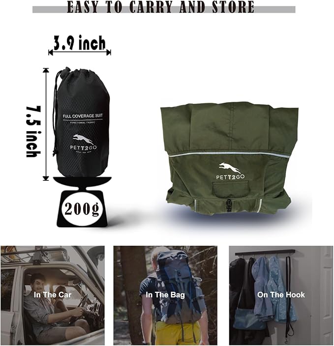 Dog Lightweight Windbreaker, Dog Outdoor 4-Legs Jacket, 0.5 lbs,Durable Water Repellent, Hooded, Easy on/Off with Collar and Harness, Reflective, Packable,Dark Olive - XLarge (Male)
