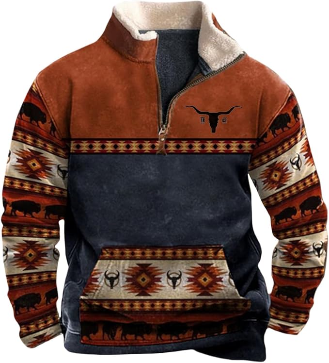 HOTYD Western Jackets for Men Cowboy Sweatshirts Vintage Ethnic Graphic Casual Long Sleeve Top 1/4 Zip Pullover Hoodies