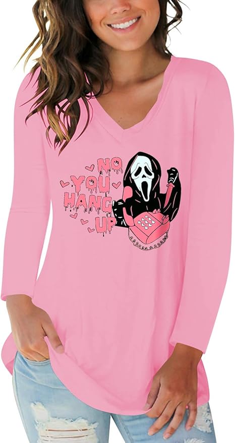 Tobrief Women's Long Sleeve V-Neck Shirts Fall Graphic Tees Loose Casual T-Shirt