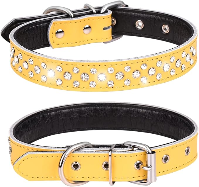 Rhinestones Dog Collar, Adjustable Sparkly Crystal Studded Genuine Leather Pet Dog Collar for Small and Medium Dogs (L, Yellow)