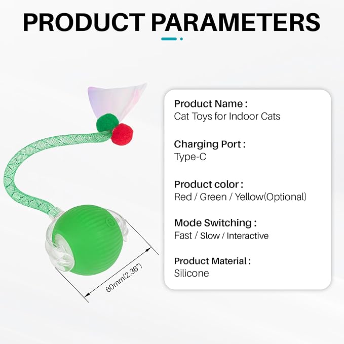Interactive cat Toy cat Toys for Indoor Cats Agile Moving Cat Ball with Elastic Mesh Tail Automatic Kitten Toys Motion Activated Ball (Green)