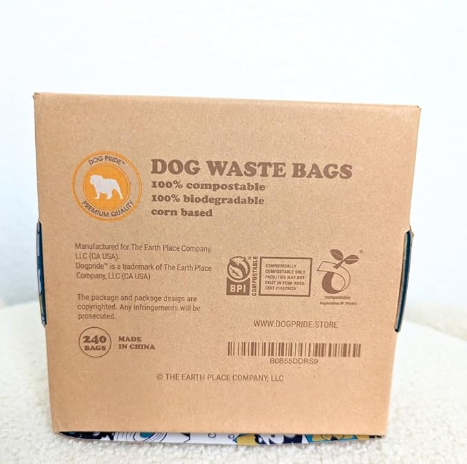 Dog Pride 240-Count Certified Compostable Dog Poop Bags, Unscented Pet Waste Bags with Handles, ASTM D6400 Eco-Friendly Disposal, 9" x 13" Leak-Resistant