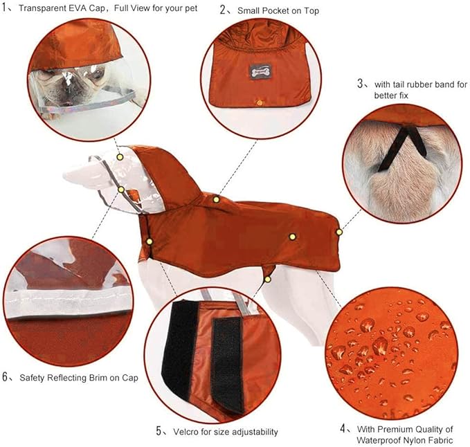 Pet Raincoat Packable Hooded Dog Rain Jacket Reflective Strips Lightweight Adjustable Poncho for Small Medium Large Dogs Orange, XS (Back:11 Inches)
