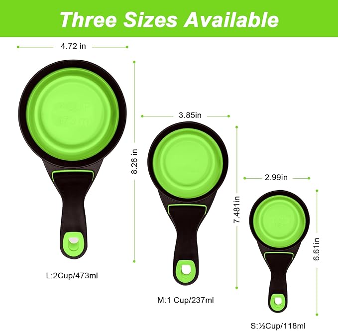 Collapsible Silicone Dog Food Scoop Foldable Pet Food Measuring Cup with Bag Clip 3 in 1 Multi-Function Silicone Dog Food Scooper (Green, Small)