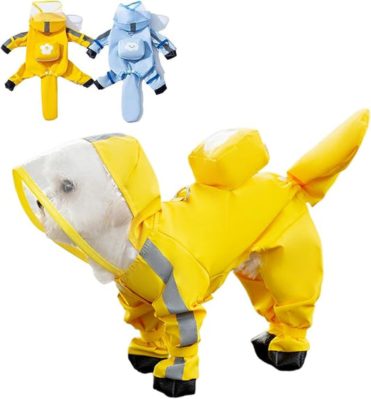 Small Dog Raincoat with Legs, Ideal for Teddy Bears, Waterproof Full Coverage with Mini Backpack, Reflective Hoodie and Detachable Tail (Yellow, XX-Large(Suggest Weight 16.6-22lb))