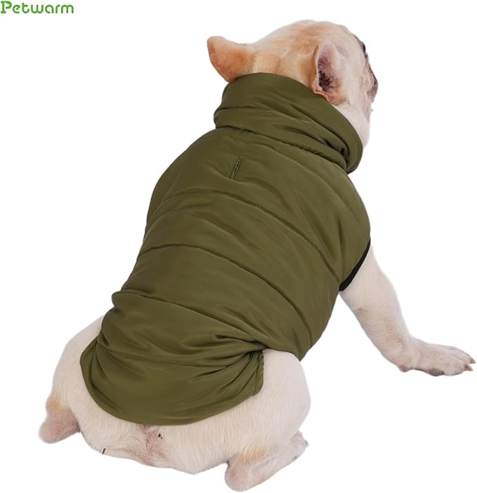PetWarm Reversible Dog Winter Coat, Windproof Dog Puffer Vest, Soft Vest for Dogs with Hook-and-Loop Strap for Easy Dressing, Waterproof Coat for Dogs with Adjustable Fit, Green, S