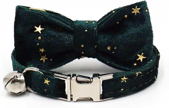 Personalized Cat Collar with Bells,Velvet Customized Small Cat Collar with Name Tag,Pet Collar with Name Phone Number Engraved ID Tags for Boy and Girl Kitten Cats (Green Star)