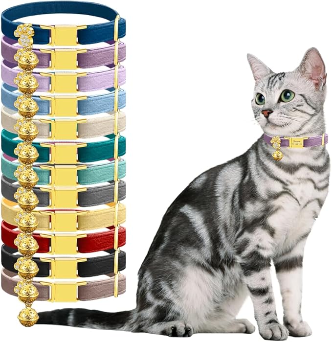 Personalized Breakaway Cat Collars - Magnetic Buckle, Bell - Safety Quick Release, Customized for Girls & Boys Cats- (Velvet-Deep Purple)