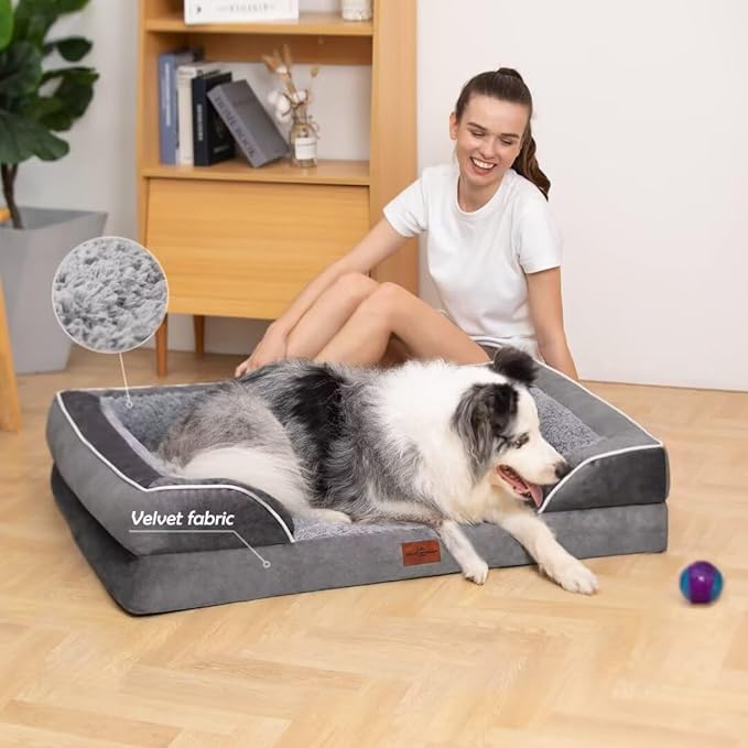Comfort Expression Orthopedic Dog Bed for Extra Large Dogs 42x30 Inch, Waterproof Supportive Memory Foam XL Pet Bed with Removable Bolster, Dog Couch with Washable Cover & Non-Slip Bottom, Silver Grey