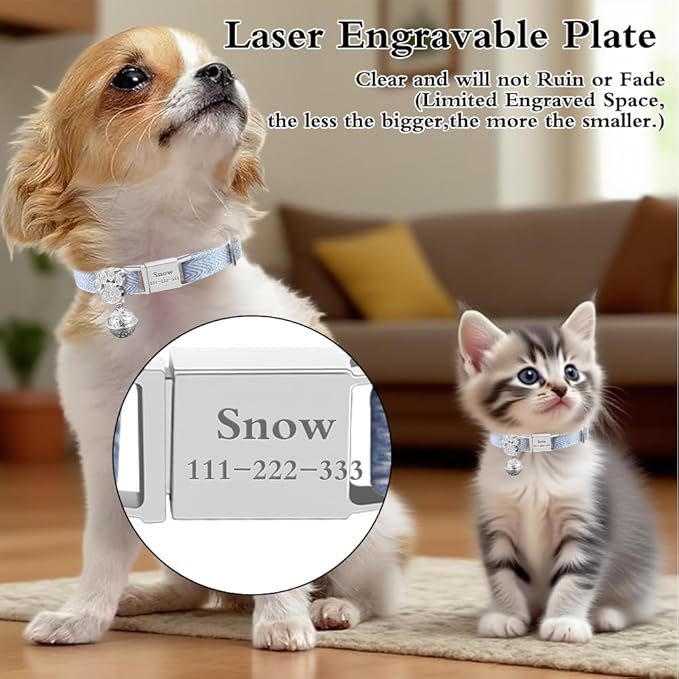 Personalized Breakaway Cat Collars - Magnetic Buckle, Bell - Safety Quick Release, Customized for Girls & Boys Cats- (Herringbone-Sky Blue)