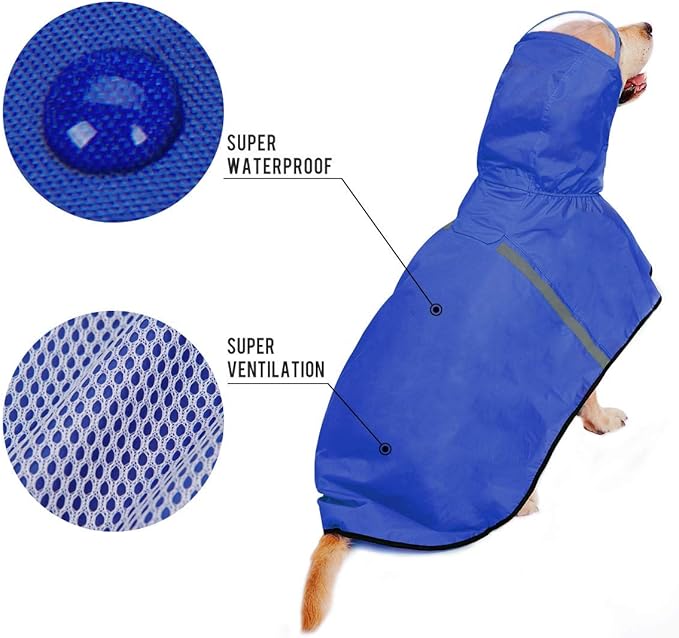 Dog Raincoat with Adjustable Belly Strap and Leash Hole - Hoodie with Reflective Strip - Waterproof Slicker Lightweight Breathable Rain Poncho Jacket for Medium Large Dogs - Easy to Wear, Blue 5XL