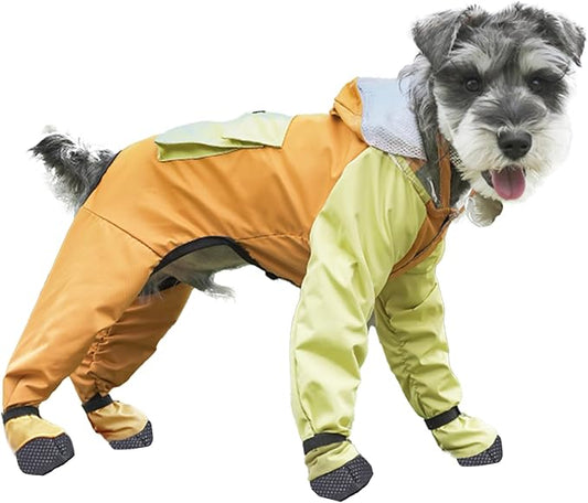 Dog Raincoat with Transparent Hood, Waterproof Jacket for Small Dogs with Snap-Button Chest, Leash Hole & Hook-and-Loop Cuffs Sleeves, Back Pocket for Treats (Yellow, Medium)