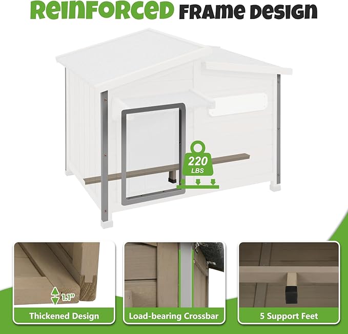 Large Outdoor Wooden Dog House, Weatherproof Dog Houses with Adjustable Vent Windows, Alloy Chew-Resistant Frame, Removable Floor for Medium & Large Dogs, (43.5" L x 29.5" W x 33.5" H)