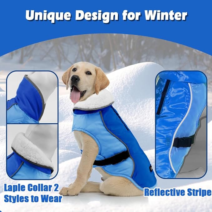 EMUST Dog Coat for Winter, Cozy Winter Jackets for Small/Medium/Large Dogs, Solid Color Dog Apparel for Cold Weather with Fleece Lining, New Blue, XXXL