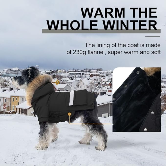 PINA Dog Coats - Waterproof, Warm Winter Jacket with Faux Fur Hood & Pocket