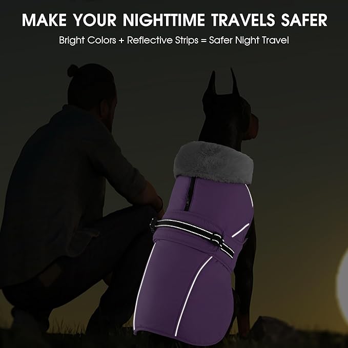 PETDSH Dog Coat Large, Windproof Dog Jacket with Warm Fleece Lining, Thickened Collar Dogs Winter Coat, Adjustable Reflective Pet Coats for Cold Weather (Purple, Large)