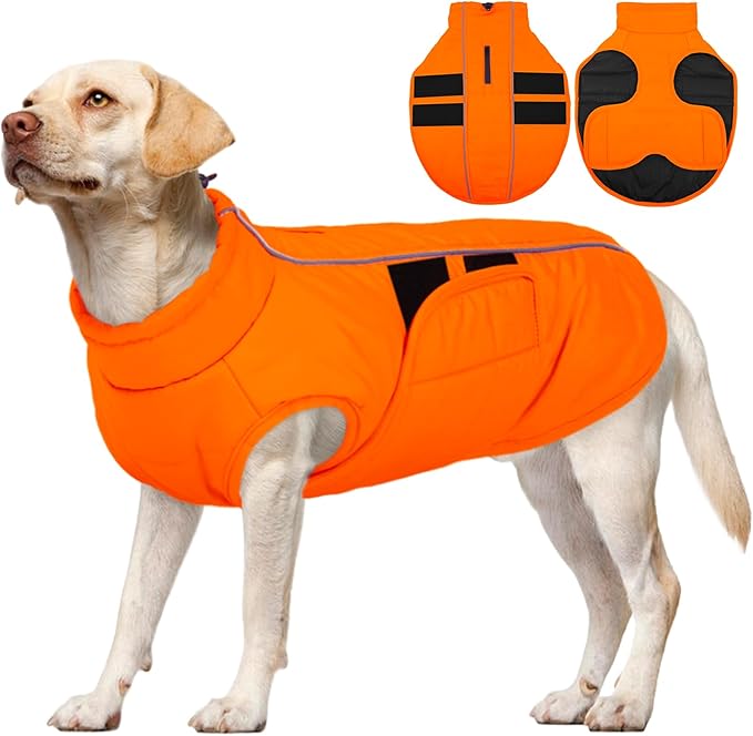 Kuoser Dog Jacket, Dog Coats for Large Dogs Winter Waterproof, Reflective Doggie Vest with Leash Hole, Cold Weather Coats Pet Snow Jacket for Labrador Beagle, Orange XL