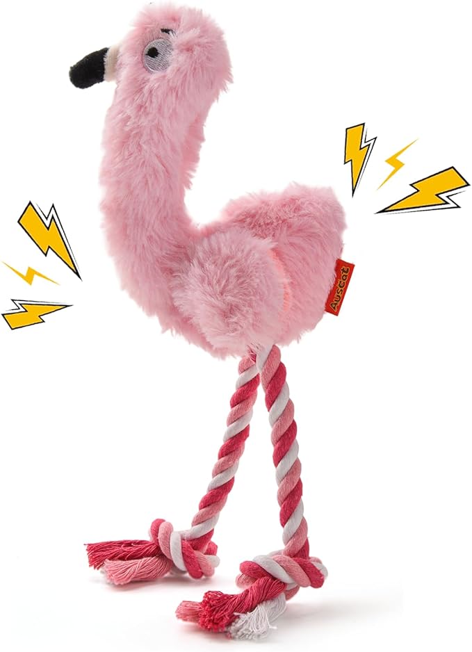 AUSCAT Plush Dog Rope Toy, Durable Squeaky Dog Toys for Puppy Small Medium Dogs (Not for Aggressive Chewers), Flamingo