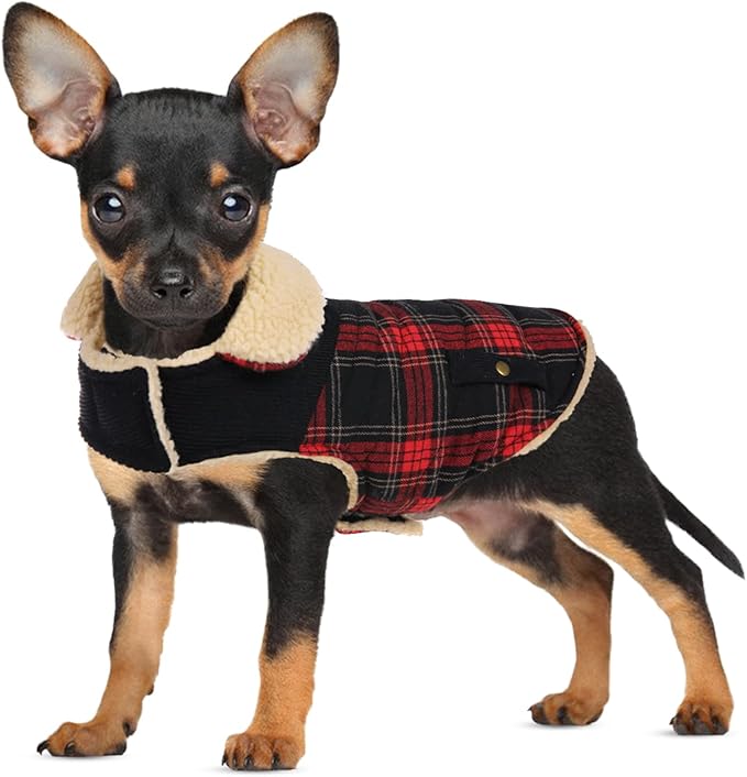 Winter Coat for Small and Medium Dogs, Puppy Plaid Jacket, Warm Coat for Cold Weather, Windproof Warm Dog Garments, Pet Thickened Outfits Indoor Outdoor, Red M