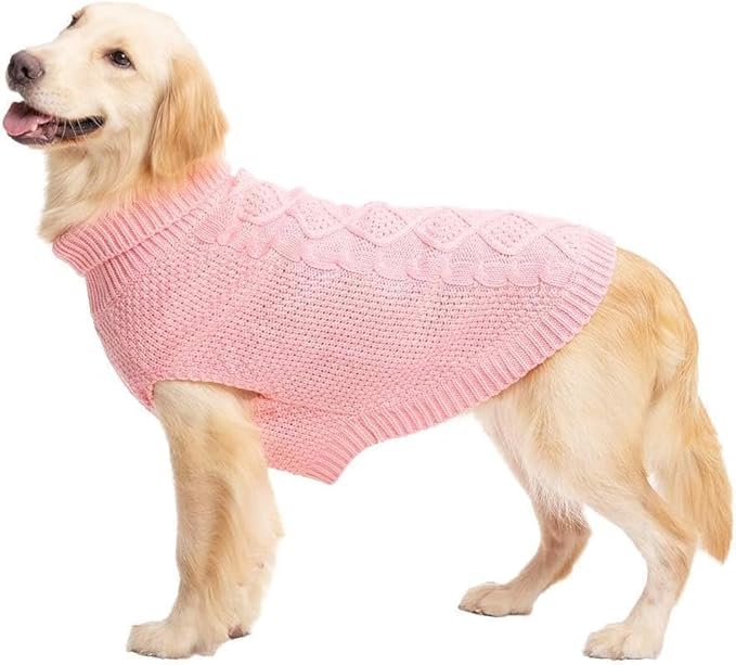 Mihachi Turtleneck Dog Sweater - Winter Coat Apparel Classic Cable Knit Clothes with Leash Hole for Cold Weather, Ideal Gift for Pet in New Year Pink 2XL