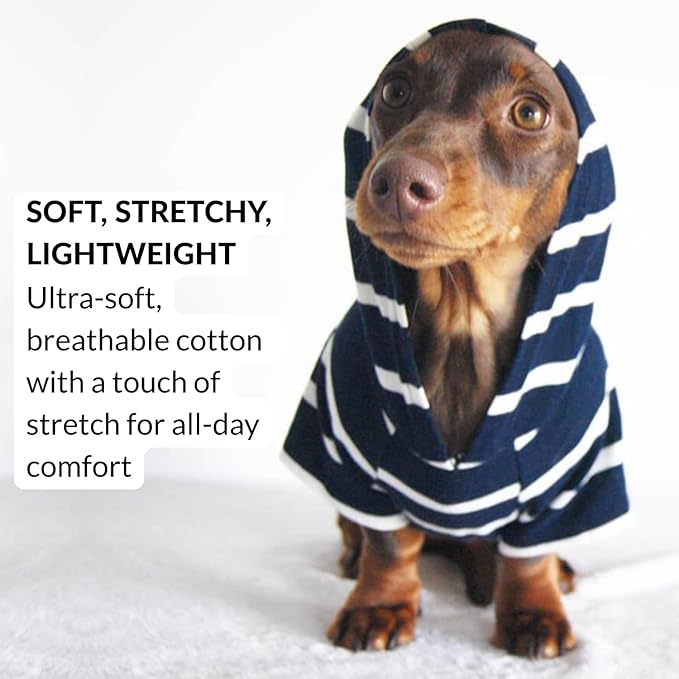 DJANGO Dog Hoodie – Warm, Lightweight, Soft & Stretchy Dog Sweater with Hood, Harness Hole & Elastic Waistband – Cozy Sweatshirt for Small Dogs up to 25 lbs, Dachshunds & Puppies – Navy Blue, Medium