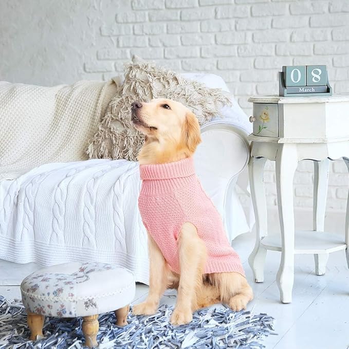 Mihachi Turtleneck Dog Sweater - Winter Coat Apparel Classic Cable Knit Clothes with Leash Hole for Cold Weather, Ideal Gift for Pet in New Year Flesh Pink Medium/Large