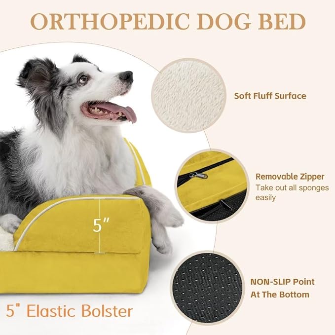 Comfort Expression Orthopedic Dog Bed for Extra Large Dogs 45x35 Inch, Waterproof Egg Crate Foam XL Pet Bed with Removable Bolsters, Dog Couch with Washable Cover & Non-Slip Bottom, Spicy Mustard