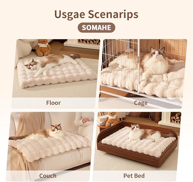 Cat Beds for Indoor Cats Faux Fur Pet Pad Mat Plush Kitten Bed with Non-Slip Bottom for Carriers/Couch Dog & Puppy Friendly 35 x 27 Inch X-Large White