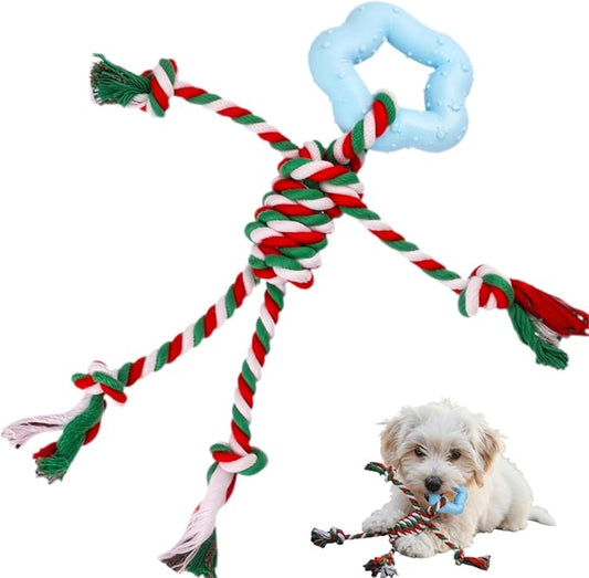 Christmas Puppy Teething Toy for Small & Medium Dogs (20–65lbs), TPR + Cotton Rope Chew Toy for Aggressive Chewers, Indoor & Outdoor Teeth Cleaning Toy for 2–12 Month Dog