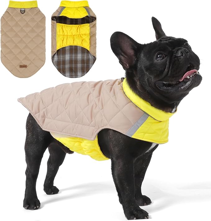 Reversible Waterproof Dog Coat - Adjustable Winter Jacket for Small to Large Breeds, Warm Cold Weather Apparel for Medium Dogs (Khaki & Yellow, 2X-Large (Pack of 1))