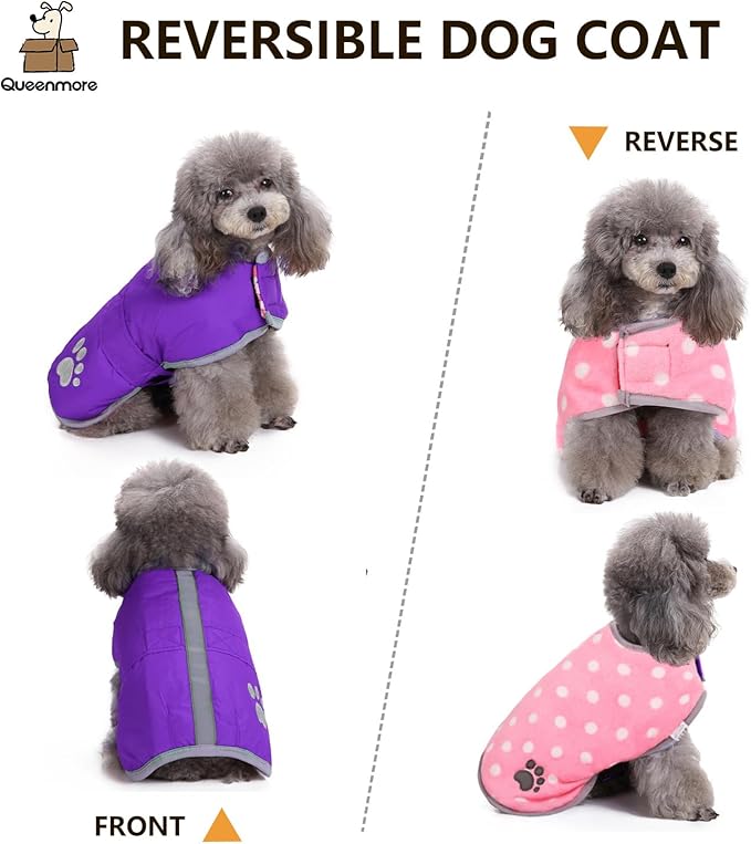 Queenmore Dog Winter Coat, Cold Weather Fleece Jacket for Dogs, Waterproof Reflective Reversible, for Small, Medium and Large Dogs (Purple, XL)
