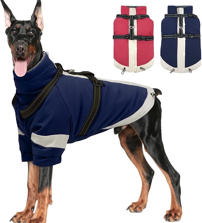 MIGOHI Dog Coat with Harness Built in, 2-in-1 Water-Resistant Dog Jacket, Reflective Snowsuit for Large Dogs, Fleece Lined with Turtleneck, Adjustable Buckle Coats, Border Collies, Navy Blue, XL