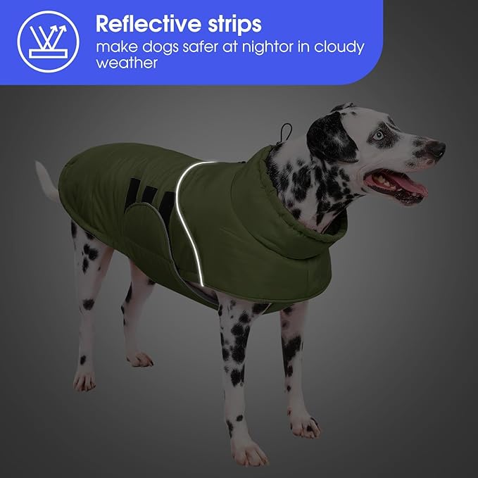 ASENKU Extra Warm Dog Coat - Winter Jacket with Fleece, Reflective, Adjustable, Zippered Leash Hole for Large Dogs (Green, 4XL)