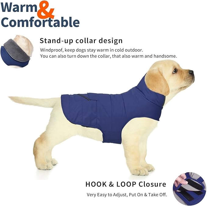 Dog Coat, Waterproof Dog Winter Jacket with Pocket, Reflective Adjustable Pet Snow Vest, Warm Cozy Fleece Sweater for Small Medium Extra Large Dogs - Blue, S