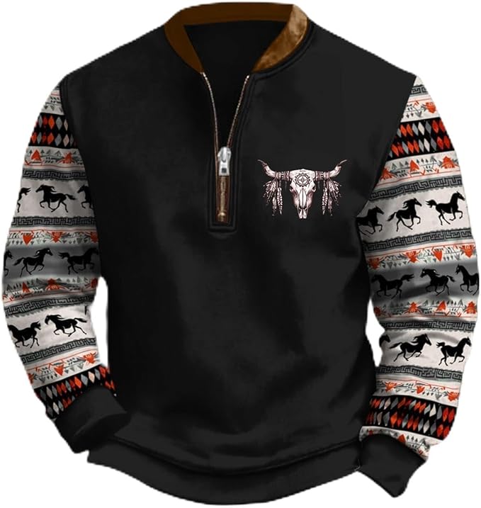 HOTYD Aztec Cowboy Jacket Men Vintage Bullhorn Printed Oversized Western Sweatshirt Long Sleeve Quarter Zip Pullover