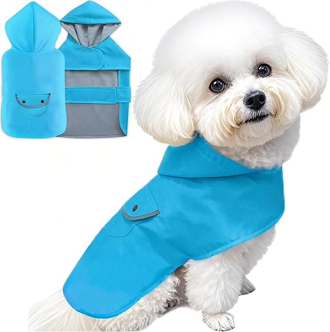 Dog Raincoat Dogs Rain Jacket Reflective Warm Lined Poncho Rainwear Waterproof Pet Clothes Pocket Hooded Leash Hole Adjustable Small Medium Dogs,Blue,XL,Back Length 14.0 Inch
