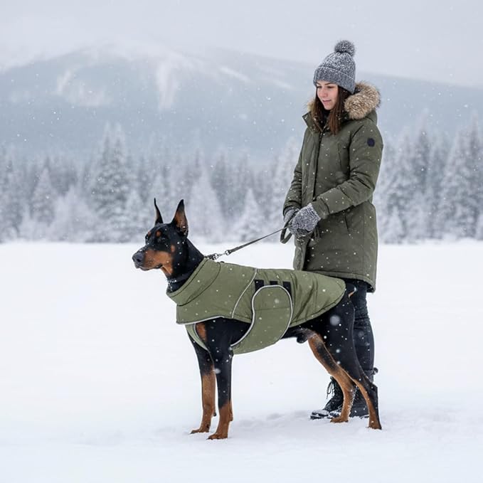 ASENKU Extra Warm Dog Coat - Winter Puffer Jacket with Fleece, Reflective, Adjustable, Zippered Leash Hole for Large Dogs (Green, 2XL)