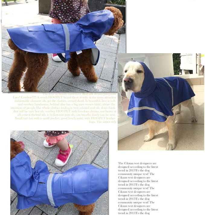 Mikayoo Large Dog Raincoat Adjustable Pet Waterproof Clothes Lightweight Rain Jacket Poncho Hoodies with Strip Reflective(Dark Blue,XXXL)