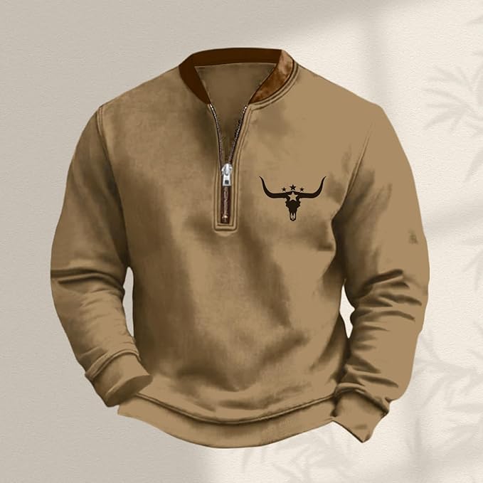 HOTYD Aztec Cowboy Jacket Men Vintage Bullhorn Printed Oversized Western Sweatshirt Long Sleeve Quarter Zip Pullover