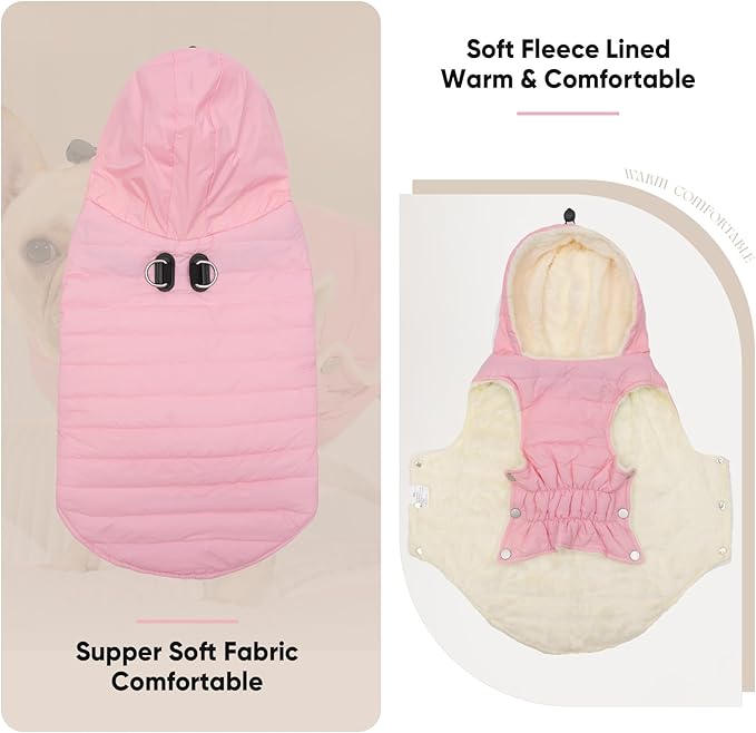 Fleece Lining Dog Hoodie with Harness Built in,Extra Warm Small Dog Jacket in Winter Puppy Coats with Drawstring Hooded,Light Pink M