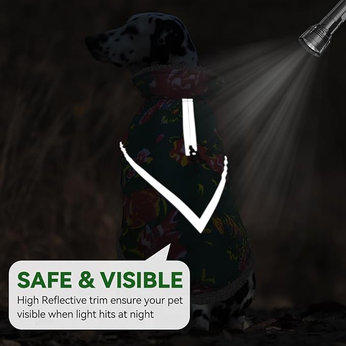 VIVAGLORY Snowrap Dog Coat, Jacket with Harness Hole & Velcro Closure, Dog Coat for Winter & Cold Weather, Fluffy Warm Fleece Lined Reflective Water Resistant for Puppy, XS, Northeast Florals-Green