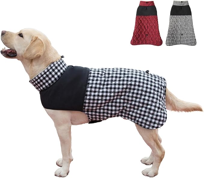 Dog Jackets for Winter, Reversible Dog Coat Windproof Waterproof Jackets for Cold Weather, British Style Plaid Coats Warm Vest for Small Medium Large Dogs (Black, 4XL)