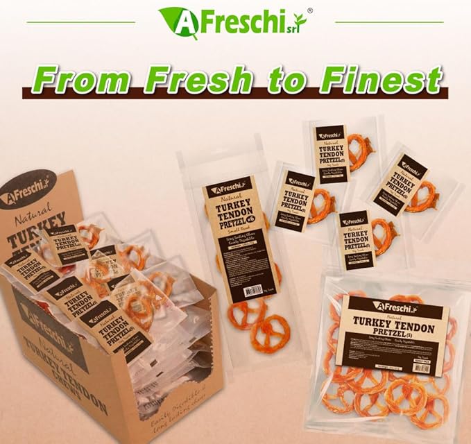 AFreschi Turkey Tendons for Dogs, USA-Sourced, Healthy Dog Treats, Rawhide-Free Puppy Chews, Long Lasting, All Natural, Hypoallergenic Dog Treats for Small Breeds, 4 Count Pack Pretzel (S)