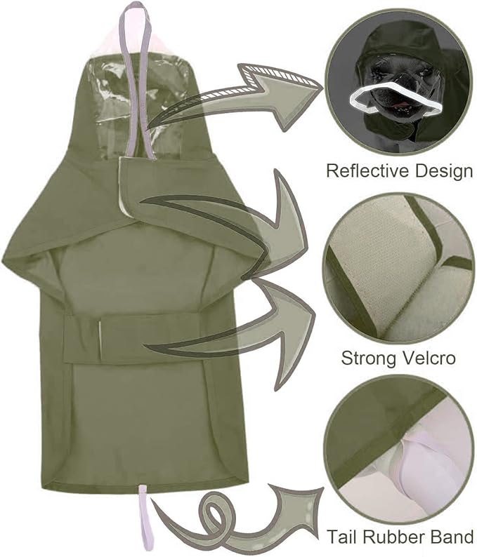 Pet Raincoat Packable Hooded Dog Rain Jacket Reflective Strips Lightweight Adjustable Poncho for Small Medium Large Dogs Army Gree M (Back:14 Inches)