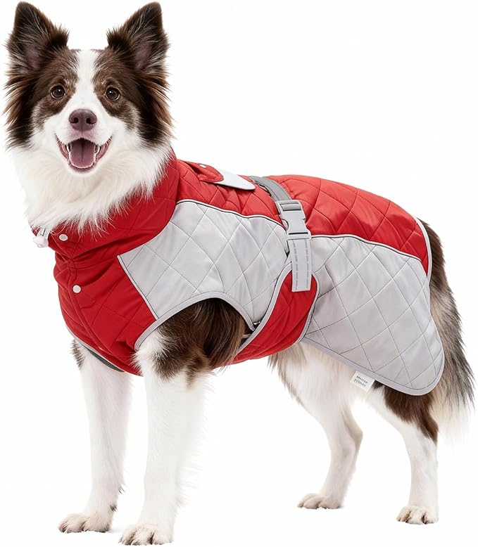 Dog Coat Dogs Winter Coat- Fleece Lined,Water-Resistant,Convertible Collar,Back Reflective Strip&Easy to Wear for Outdoor Walking Dog-Jacket(Red, Medium)