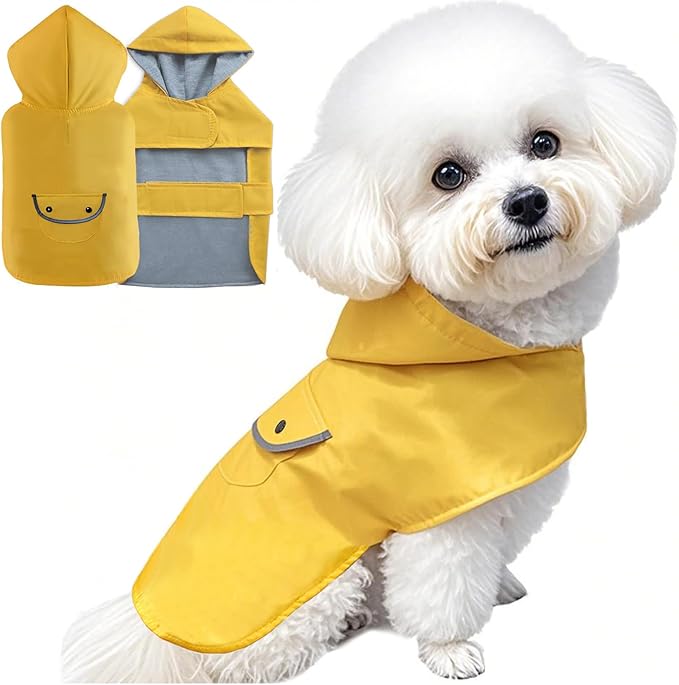 Dog Raincoat Dogs Rain Jacket Reflective Poncho Rainwear Waterproof Pet Clothes Warm Lined Pocket Hooded Leash Hole Adjustable Small Medium Dogs,Yellow,XL,Back Length 14.0 Inch