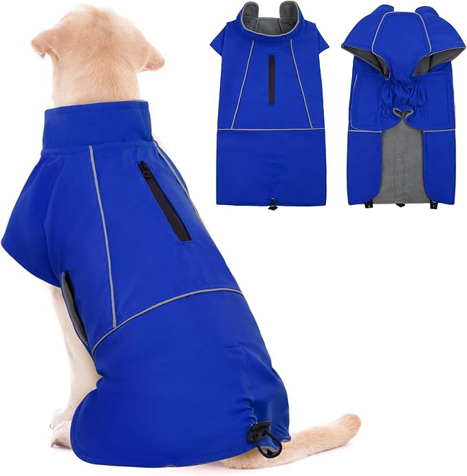 ROZKITCH Dog Rain Jacket, Waterproof Jacket with Fleece Liner and Leash Hole Reflective Strip for Small Medium Dog, Adjustable Winter Coats Poncho Vest for Outdoor Hiking Travel Blue M