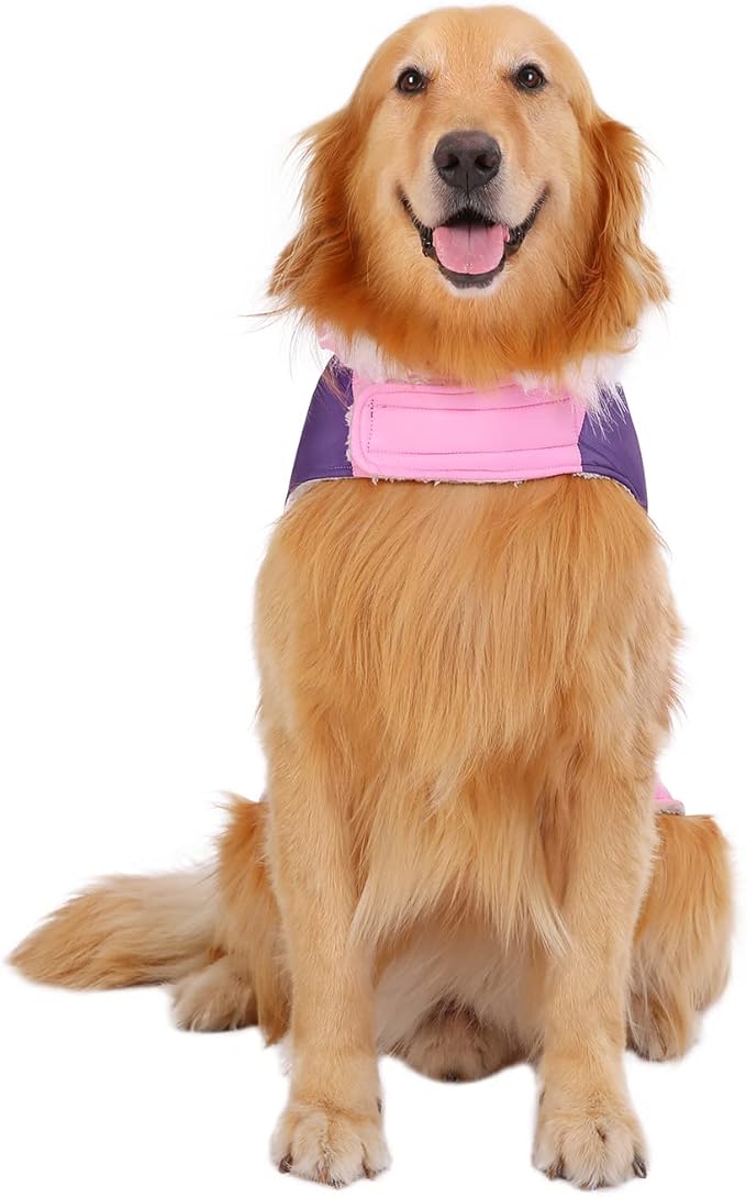 HDE Dog Puffer Jacket Fleece Lined Warm Dog Parka Winter Coat with Harness Hole Pink Stripe - XXL