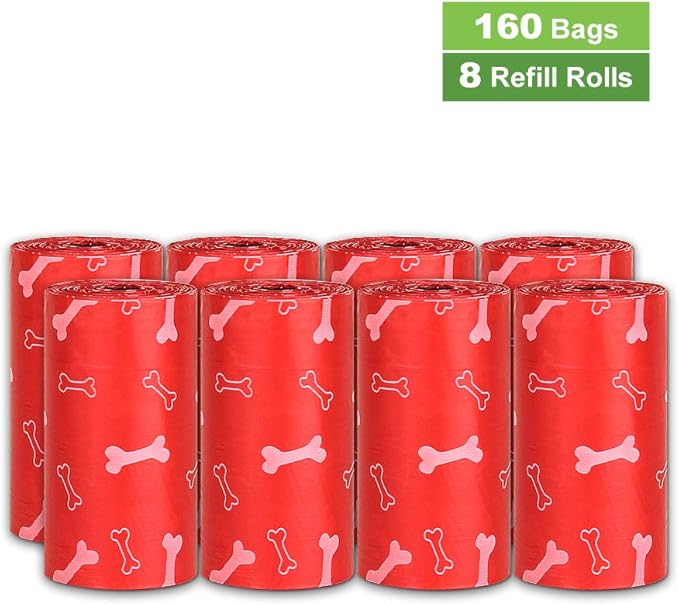 Parisian Pet Ecofriendly Dog Poop Bags Rolls - 160 Count Unscented Poop Bags for Dogs - Leakproof, Extra Thick, 8 Dog Waste Bags Refill Rolls - Printed Bone Red Doggie Poop Bags - Fits All Dispenser