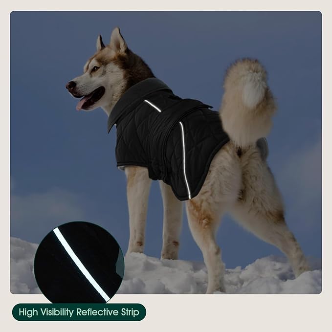 Kuoser Super-Warm Dog Jacket Windproof Cold Weather Coats for Extra Large Dogs, Fleece Lining Turtleneck Dog Snowsuit Reflective Adjustable Pet Winter Coat, Dark Grey 3XL